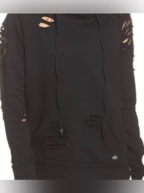 🔘ALO Yoga women’s  Black Distressed hoodie Sweatshirt